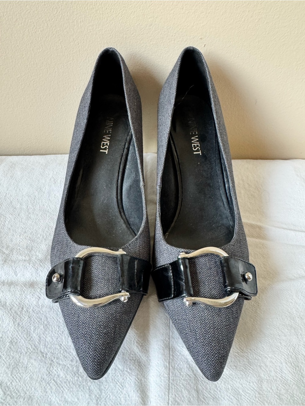 Nine West Gray Pointed Toe Heels with Black Buckle Accent